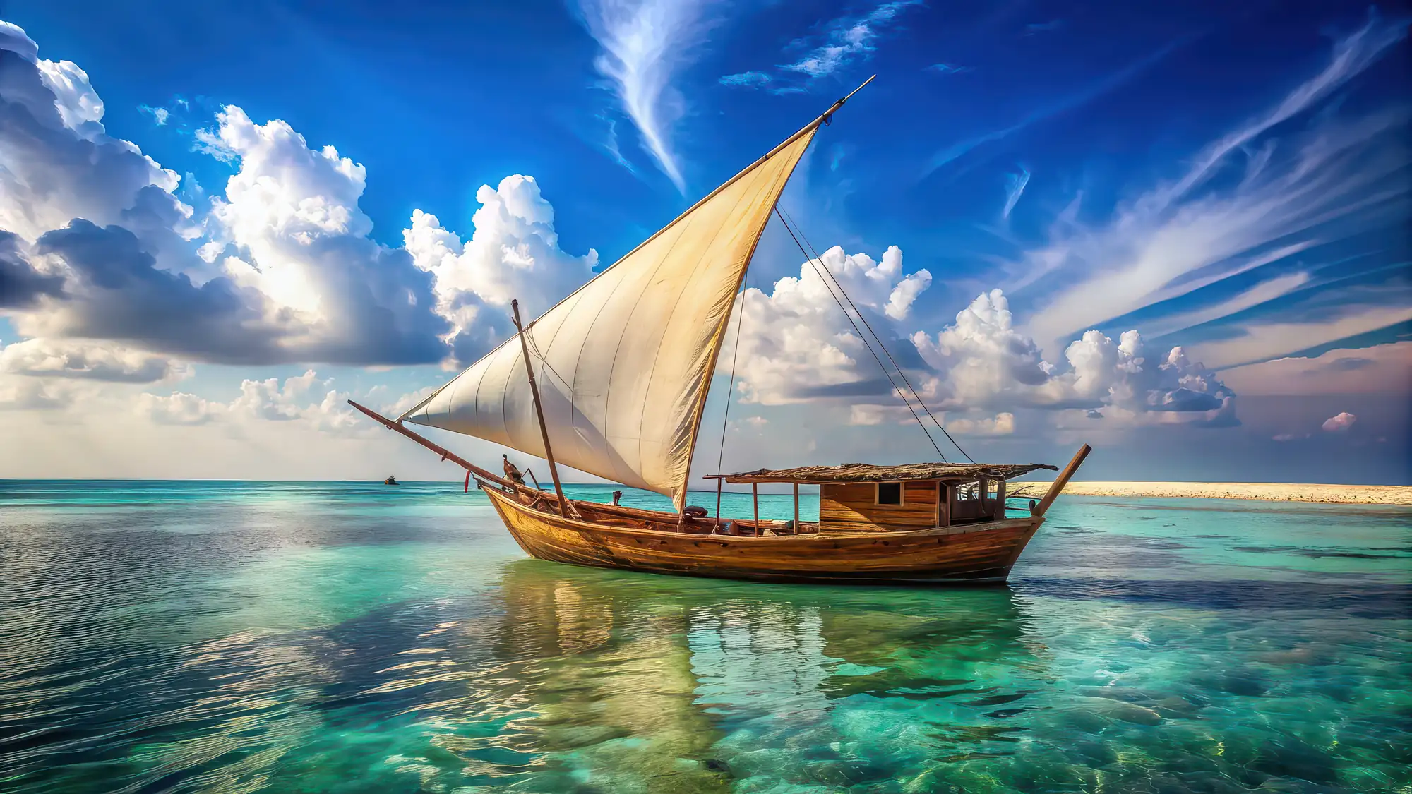 A traditional dhow under sail at sunset on the Indian Ocean